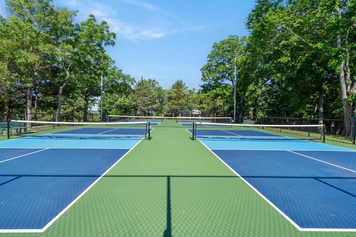 An exterior shot centered on well-maintained tennis courts set against a backdrop of mature trees. The net and court lines are clearly visible, indicating readiness for active play. The surrounding greenery and open sky evoke a sense of vibrant outdoor recreation.